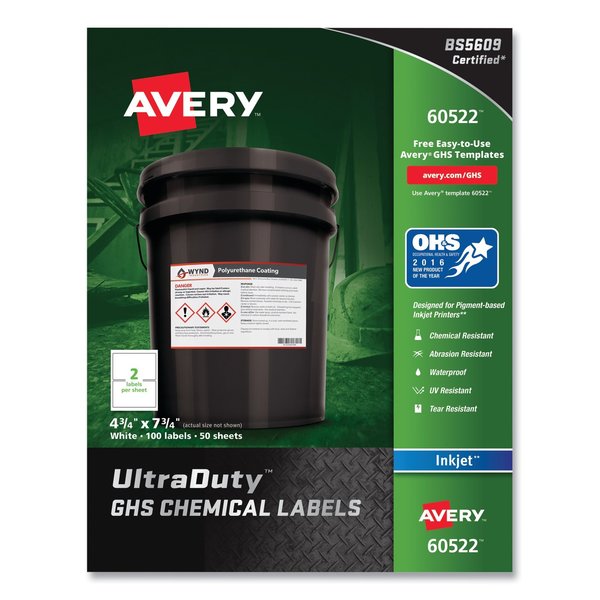 Avery UltraDuty Chem Waterproof and UV Resistant Label, 4.75x7.75, Wt, PK100 60522